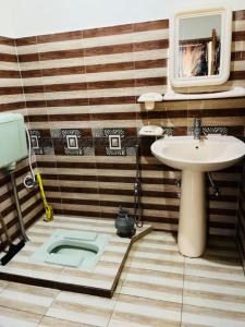 锡卡都Flora Inn Skardu的浴室里有洗手池、马桶和镜子。