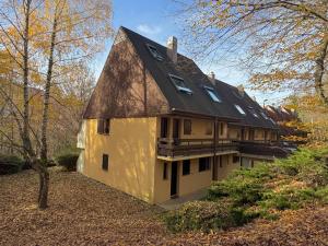 ein großes gelbes Haus mit einem Gameradach in der Unterkunft Le Nid des Frênes - Studio au Cœur de la Nature in Boersch