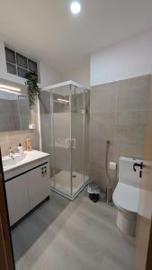 a bathroom with a shower and a toilet and a sink at VistaClub in Setúbal +17 photos