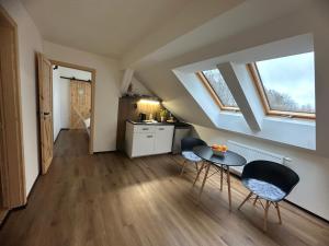 a room with a table and two chairs and a kitchen at Penzion Eisenberg in Tvrdkov