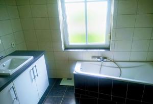 uma casa de banho com uma banheira, um lavatório e uma janela em Bel appartement à 10 minutes du marché de Noël de Strasbourg em Schiltigheim
