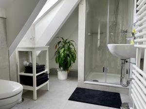 ein Badezimmer mit einem Waschbecken, einem WC und einer Pflanze in der Unterkunft Ruhiges und citynahes Dachgeschoss-Nest in Düsseldorf