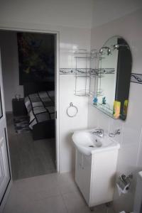 un bagno con lavandino, specchio e doccia di House Villa Butterfly a São Roque do Faial