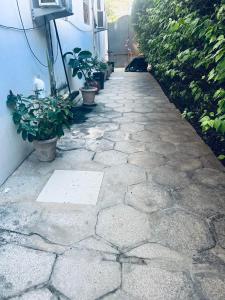 einen Steinweg mit Topfpflanzen an der Seite eines Gebäudes in der Unterkunft Appartement vue sur la mer Almadies Dakar "Résidence les embruns" in Dakar