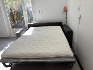 ニヨンにあるGîte cosy avec jardinの窓付きの部屋の病院用ベッド