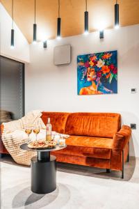 オストラヴァにあるOstravinka - Boutique Apartmentのリビングルーム(ブラウンソファ、テーブル付)