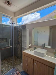 a bathroom with a sink and a shower at LAKAZ DEL VISTA - Luxurious new apartments with panoramic sea views, pool & garden retreat in Tamarin