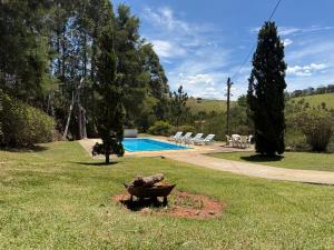 a yard with a pool and a bird statue in the grass at Rancho c/ piscina, churrasqueira, natureza e lazer in Batatuba +20 photos