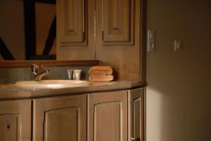 a bathroom with a sink and a mirror and towels at De Kruishoeve in De Haan +18 photos