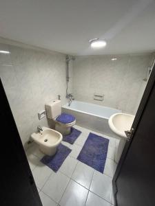 a bathroom with a toilet and a sink and a tub at Toum's Apartments 2 in Amman +7 photos