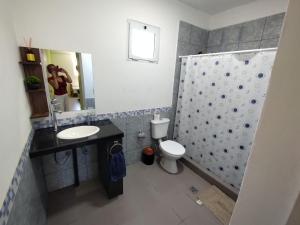 a bathroom with a sink and a toilet and a shower at Dptos Ceci in Centenario