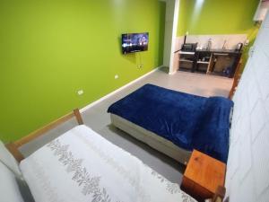 a bedroom with a bed and a tv on a green wall at Dptos Ceci in Centenario