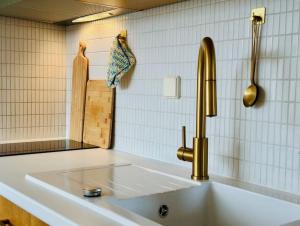 a kitchen with a sink and aaucet at Havnkoje in Lemkenhafen auf Fehmarn +20 photos