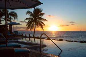a pool with a palm tree and the ocean at sunset at Curtain Bluff - All Inclusive in Old Road