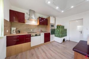 a kitchen with red cabinets and a green and white appliance at Ferienwohnung Los Amigos in Thiersee +4 photos