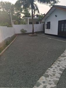 a driveway in front of a house with a palm tree at Golden Gate Ways Villa in Hikkaduwa