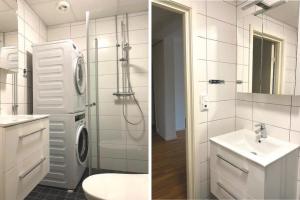 Un baño con lavadora y lavabo. en Kungsbacken Apartments AB - Blomstervägen 5B, en Katrineholm