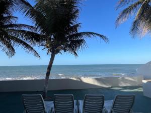 zwei Stühle und eine Palme am Strand in der Unterkunft Casa La France in Caucaia + 2 Fotos