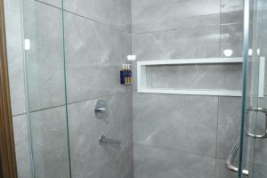 une salle de bain avec une douche avec une porte vitrée dans l'établissement Faletti's Boutique Multan by The Windsor Group, à Multan 29 autres photos