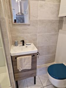 a bathroom with a sink and a toilet at Maison 3 personnes entre lac et forêt in Léry