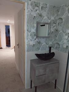 a bathroom with a sink and a mirror on a wall at Les aires in Tourbes