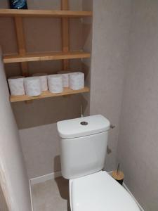 a bathroom with a white toilet and some towels at Les aires in Tourbes +1 photo