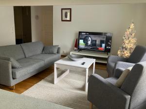 - un salon avec un canapé et un arbre de Noël dans l'établissement Skandinavian City home 76m2, à Rovaniemi