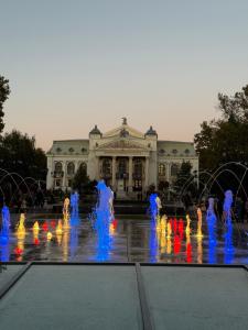 a fountain in front of a building with a building at TM Panoramic apartament centru Iași Piața Unirii in Iaşi