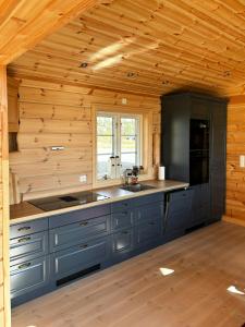 a kitchen with blue cabinets and a wooden ceiling at Mountain Cabin With Panoramic Views In Valdres in Bruflat