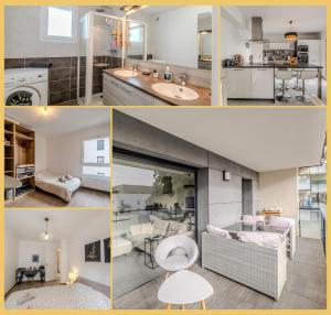 eine Collage mit Fotos von einer Küche und einem Wohnzimmer in der Unterkunft Chez Jordan I T3 I Ferney-Voltaire in Ferney-Voltaire