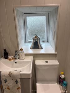 a bathroom with a sink and a toilet and a window at The Wee Anchor in Arbroath