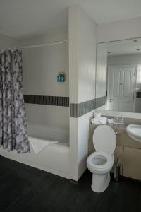um banheiro com vaso sanitário, chuveiro e pia em Fairway Inn em Manchester mais 29 fotografias