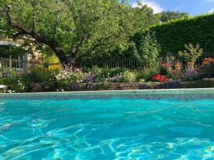 a swimming pool in a garden with flowers at Les Hauts d'Eyragues gîte Aigue Marine Meublé classé 4 étoiles in Eyragues