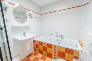 a bathroom with a sink and a toilet and a mirror at Golfvilla 38 in Hollum +33 photos