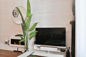 a living room with a tv and a fireplace at Glamour Jacuzzi Privé Chambéry in Chambéry