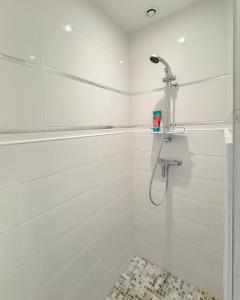 a white bathroom with a shower with a shower head at Du soleil au balcon - Hypercentre in Lons-le-Saunier