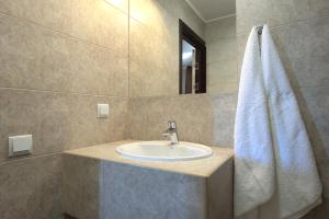 a bathroom with a sink, mirror, and towel rack at Advenus Hotel in Lviv