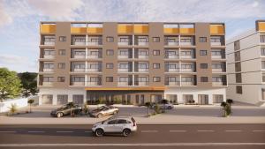 eine architektonische Darstellung eines Gebäudes mit davor geparkten Autos in der Unterkunft Majestic Manor Hotel Apartment Dakar Diamniadio in Rufisque