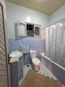 マーディアにあるapartment S3 ground floorの青と白のバスルーム(トイレ、シンク付)