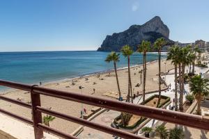 a view of a beach with palm trees and the ocean at Apartamentos Topacio Unitursa in Calpe