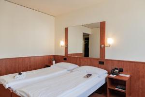 a bedroom with two beds and a mirror at Hotel Arte Spreitenbach in Spreitenbach