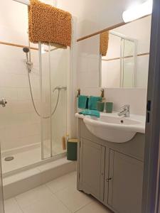 a bathroom with a sink and a shower at Appartement à 100m de la plage in Mandelieu-la-Napoule