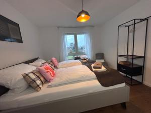 ein Schlafzimmer mit einem großen Bett und Kissen in der Unterkunft Ferienwohnung Karma in Kressbronn am Bodensee