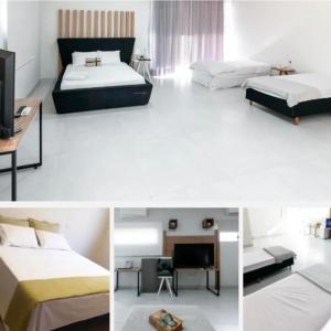 three pictures of a bedroom with two beds and a desk at Flat 01 - Zona Sul Prox UMC, Praia Clube, Shopping e Pátio Vinhedos in Uberlândia +5 photos