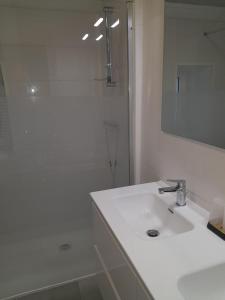 ein weißes Badezimmer mit Waschbecken und Dusche in der Unterkunft Ahurtenia in Hasparren