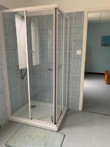 a shower with a glass door in a bathroom at L'Arbre de Vie in Montmarault