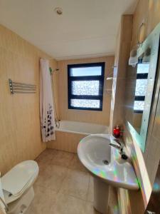 Un baño con lavabo, inodoro y ventana. en Monte Oiz junto a telesilla ERB Alojamientos, en Sierra Nevada