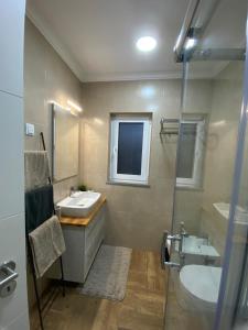 ein Badezimmer mit Waschbecken, Toilette und Dusche in der Unterkunft A Janela do Cantinho in Reguengos de Monsaraz