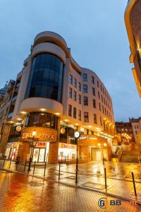 ein Gebäude auf einer Stadtstraße bei Nacht in der Unterkunft Apartament pod Prezydentem in Bielsko-Biała