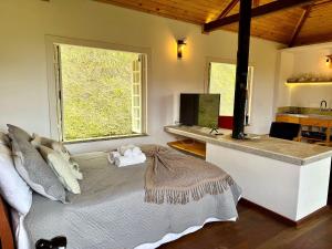 Μια τηλεόραση ή/και κέντρο ψυχαγωγίας στο Chalé com área gourmet privativa